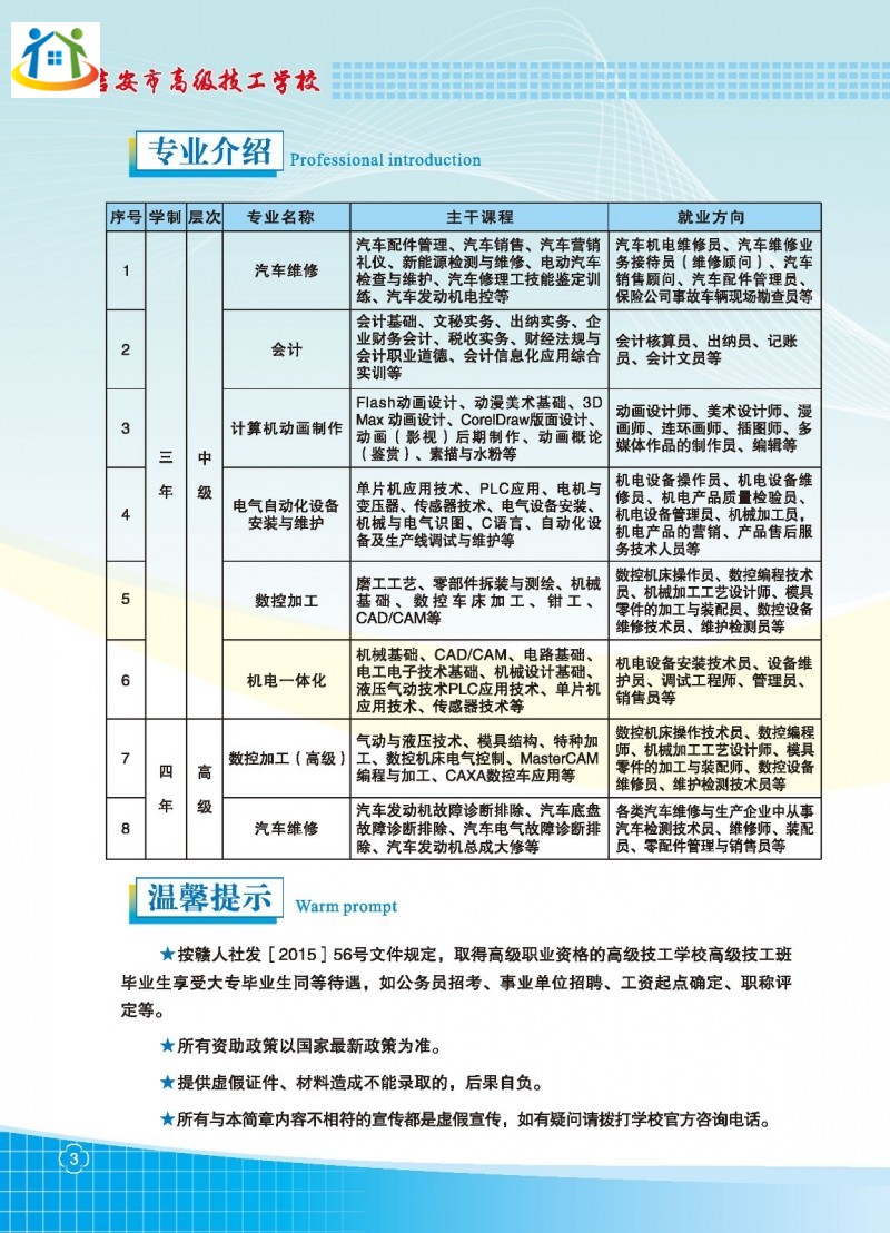 2020年吉安市高级技工学校秋季招生简章