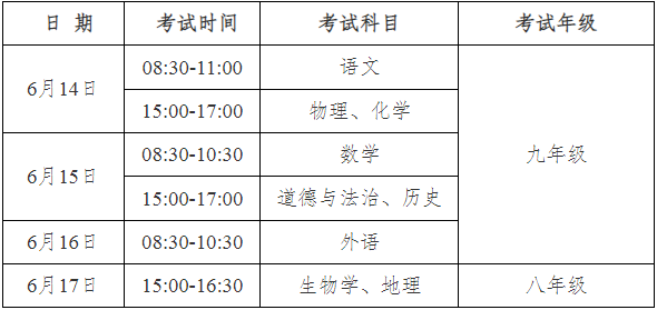 安徽2024年中考考试时间安排