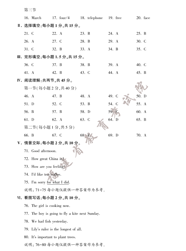 2023年福建省中考英语真题答案