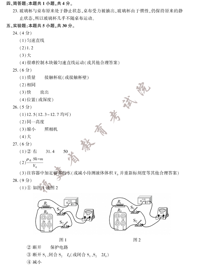 2023年福建省中考物理真题答案