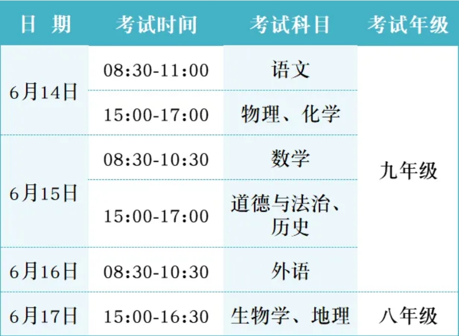 芜湖中考考试时间