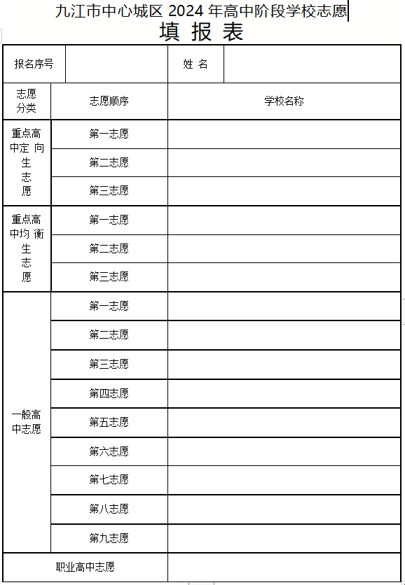 江西高中学校志愿填报表