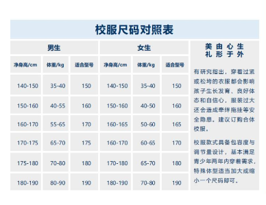 校服尺码对照表