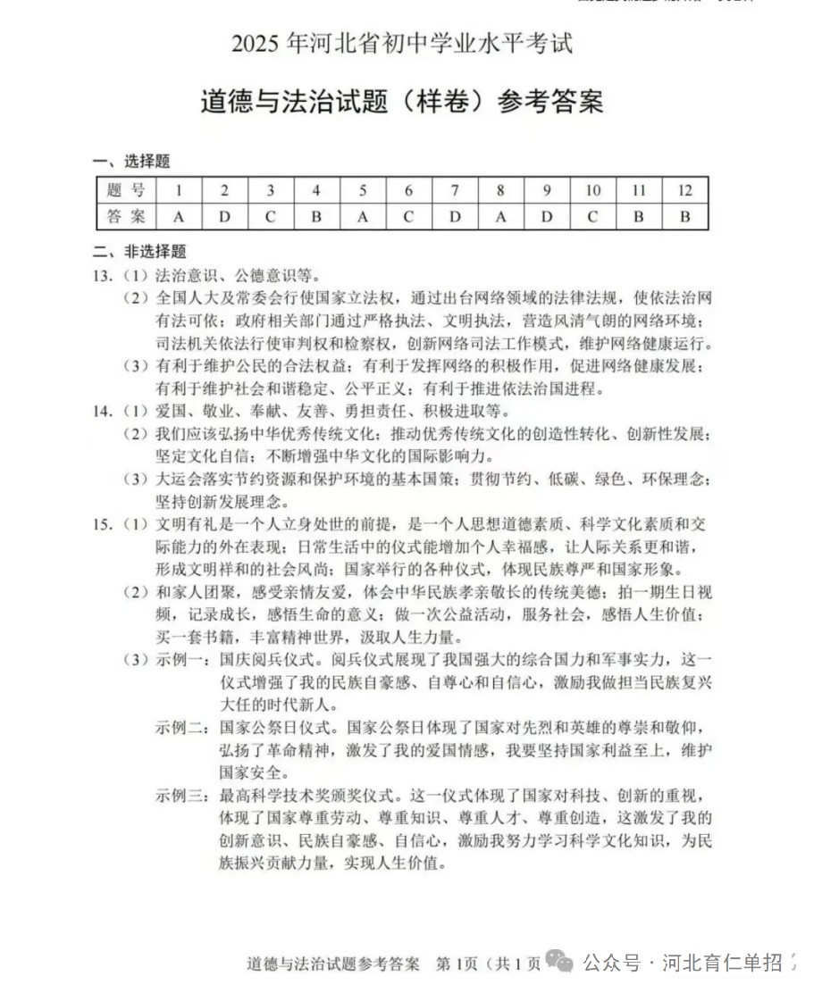 公布!2025年河北中考道德与法治试卷(样卷)及参考答案!