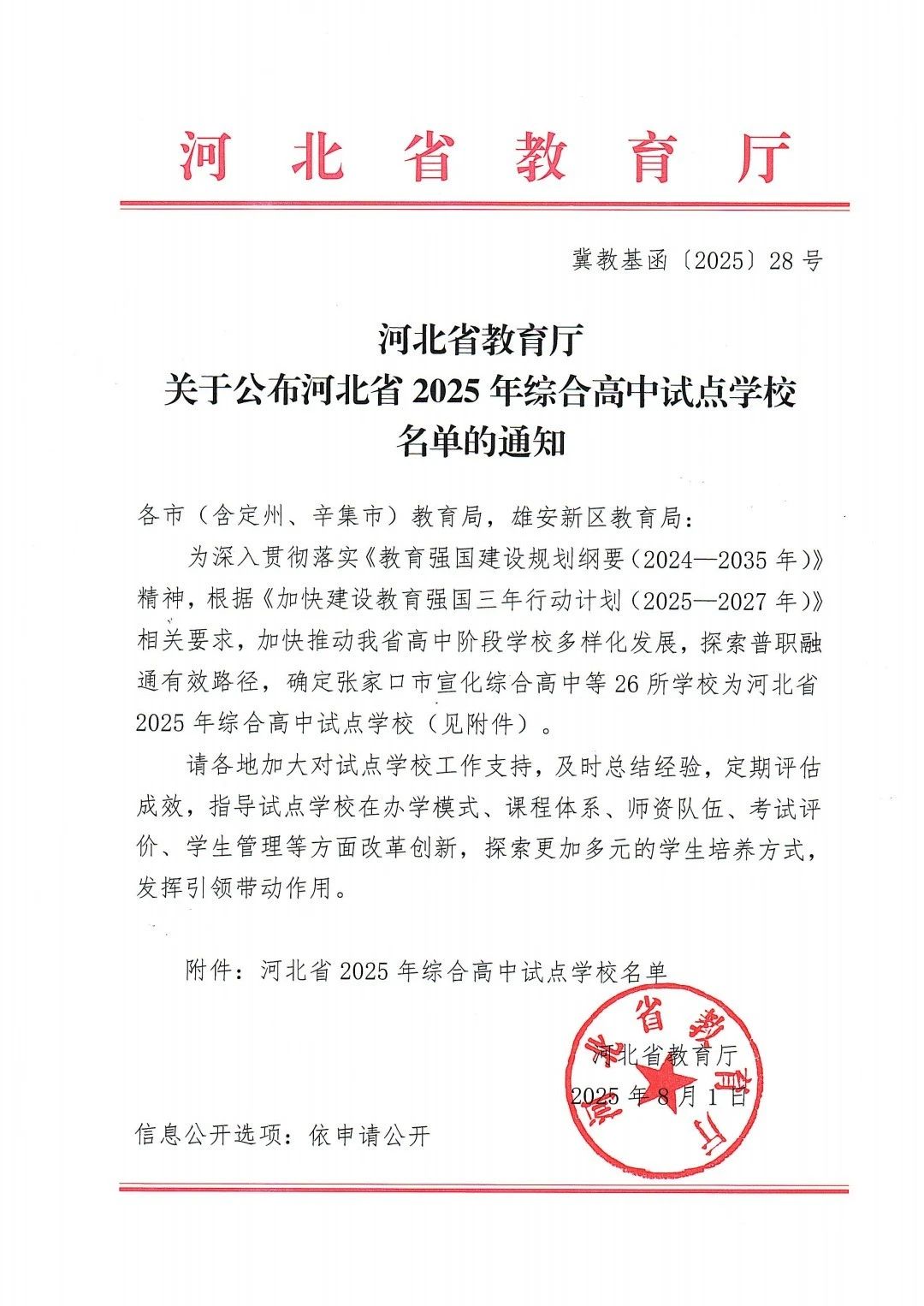 河北省2025年综合高中试点学校名单的通知