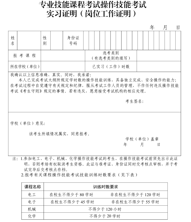 专业技能课程考试操作技能考试实习证明（岗位工作证明）