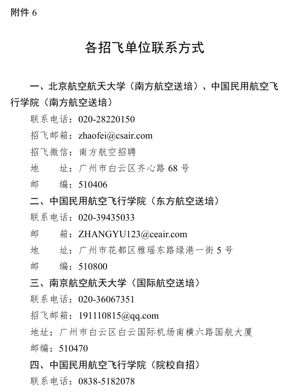 各招飞单位联系方式1