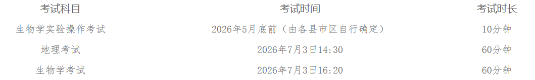 2026年揭阳八年级地理和生物初中学考考试时间安排