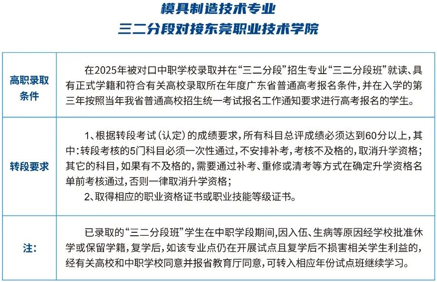 模具制造技术专业三二分段对接东莞职业技术学院