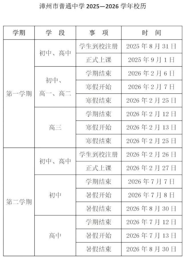 2026福建中小学第二学期校历汇总